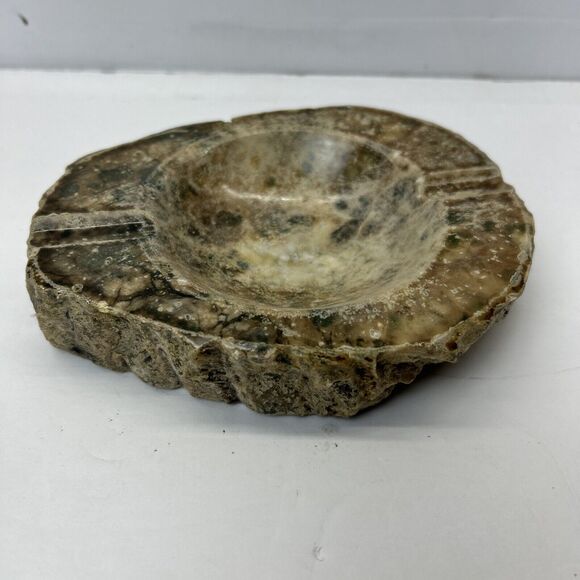 Vintage Alabaster Hand Carved Ashtray Ruff Edge Italy Green Brown Tan Rustic - Picture 1 of 12